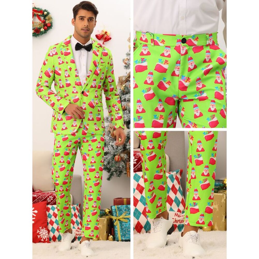 Christmas Printed Pants Flat Front Party Cosplay Costume Trousers Light Green - Picture 4 of 6